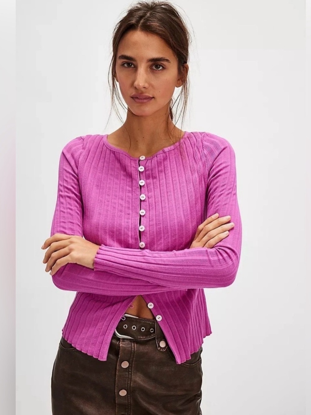 Free People Pink Tilly  Ribbed Button-Down Long Sleeve Top size Large
